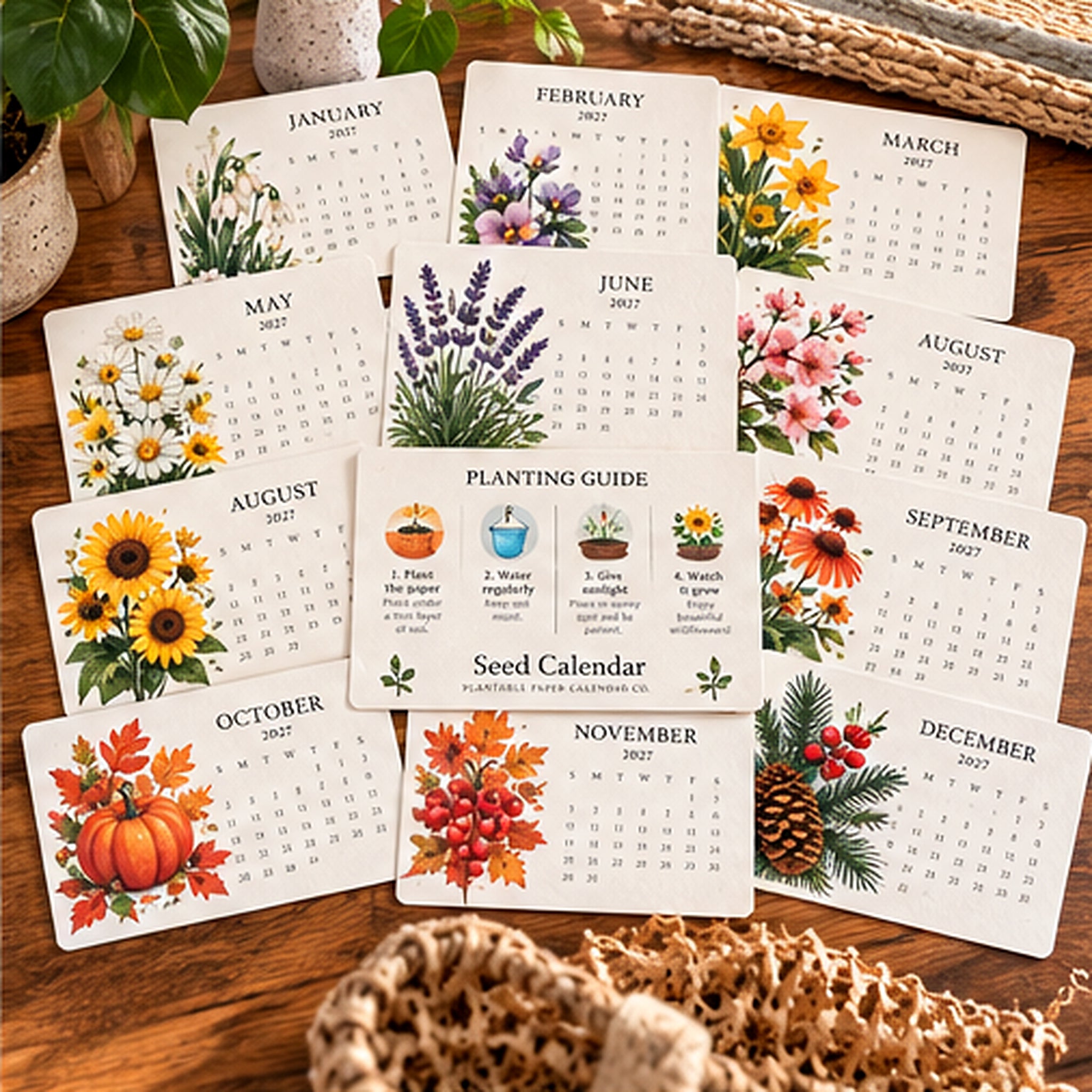 Botanical monthly cards from the 2027 Seed Calendar